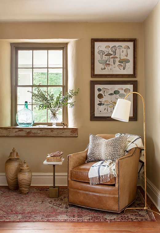 Lay the groundwork for a major design project later this year by creating mood boards and wish lists now. Find the above leather swivel chair here, mushroom prints here, and floor lamp here.
